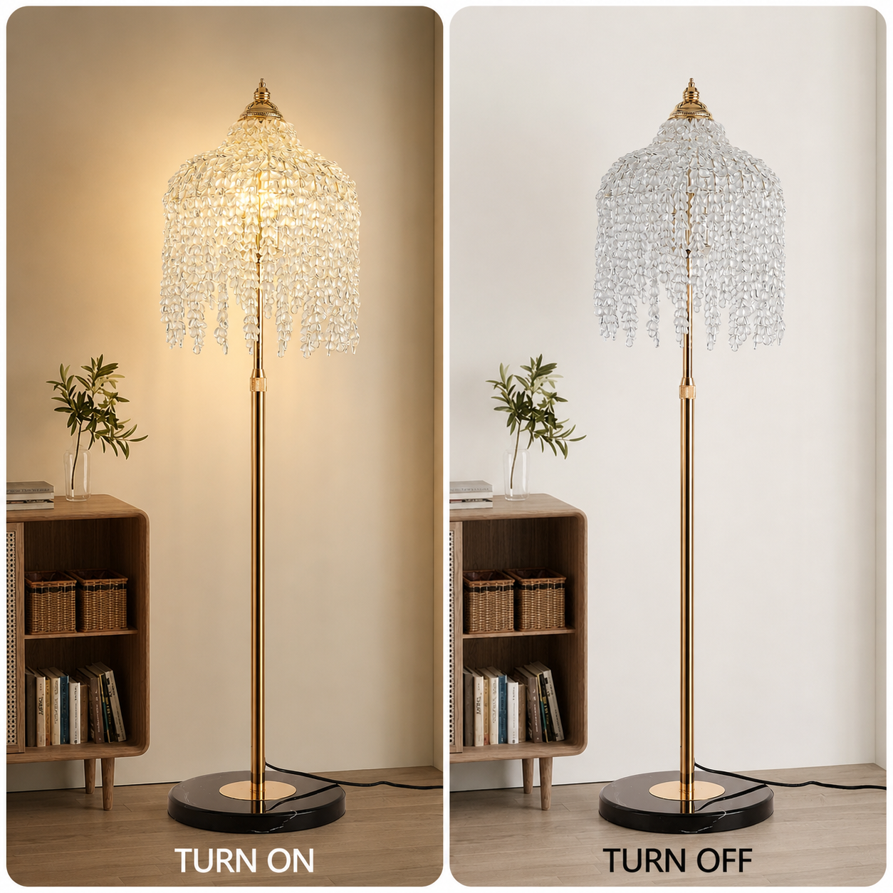 63" Gold Crystal Floor Lamp  – Modern Standing Light w/ Foot Switch (E12)