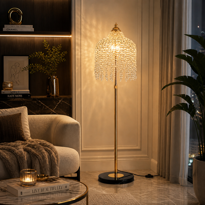 63" Gold Crystal Floor Lamp  – Modern Standing Light w/ Foot Switch (E12)