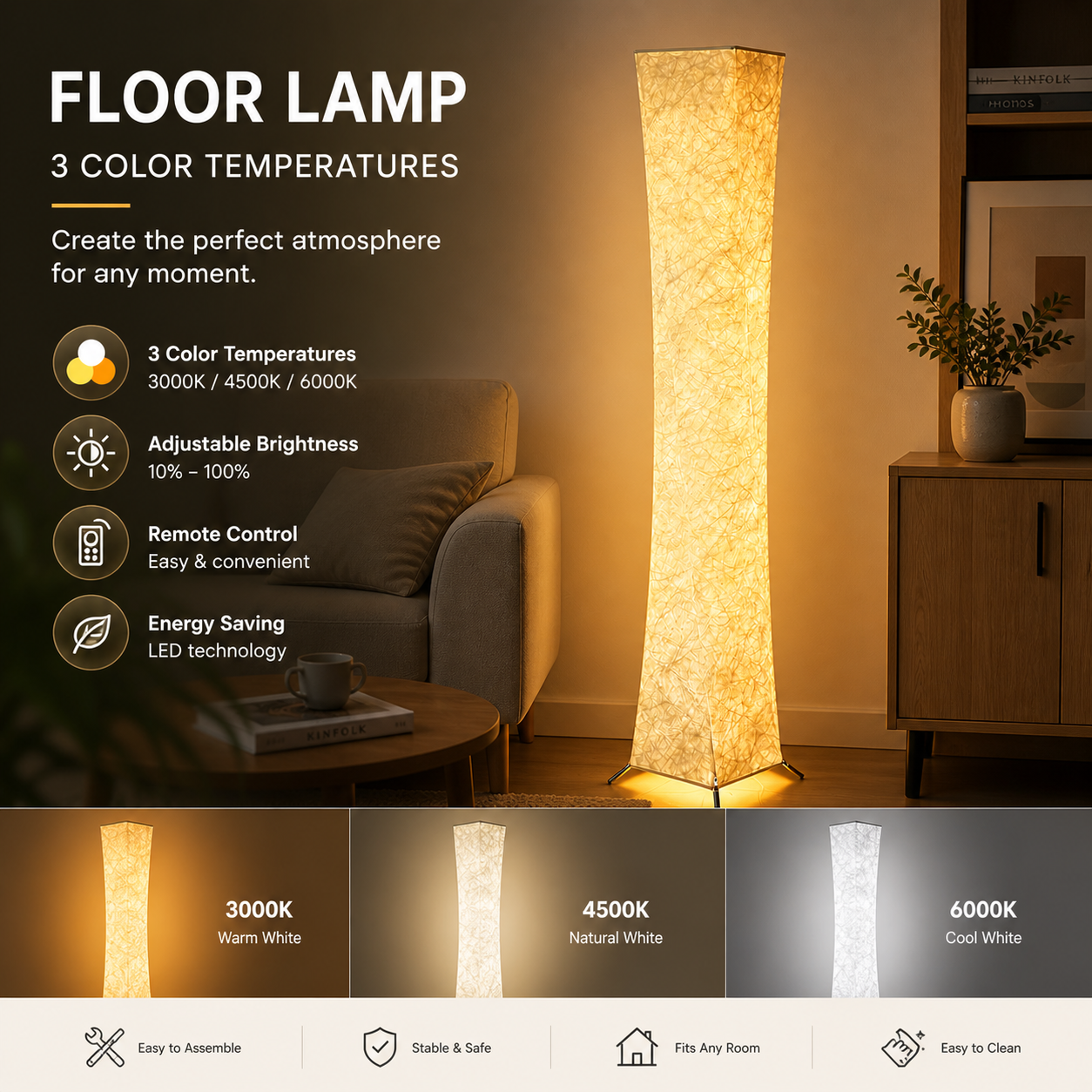 Modern Fabric Floor Lamp – 3 Color Temperatures & Adjustable Brightness