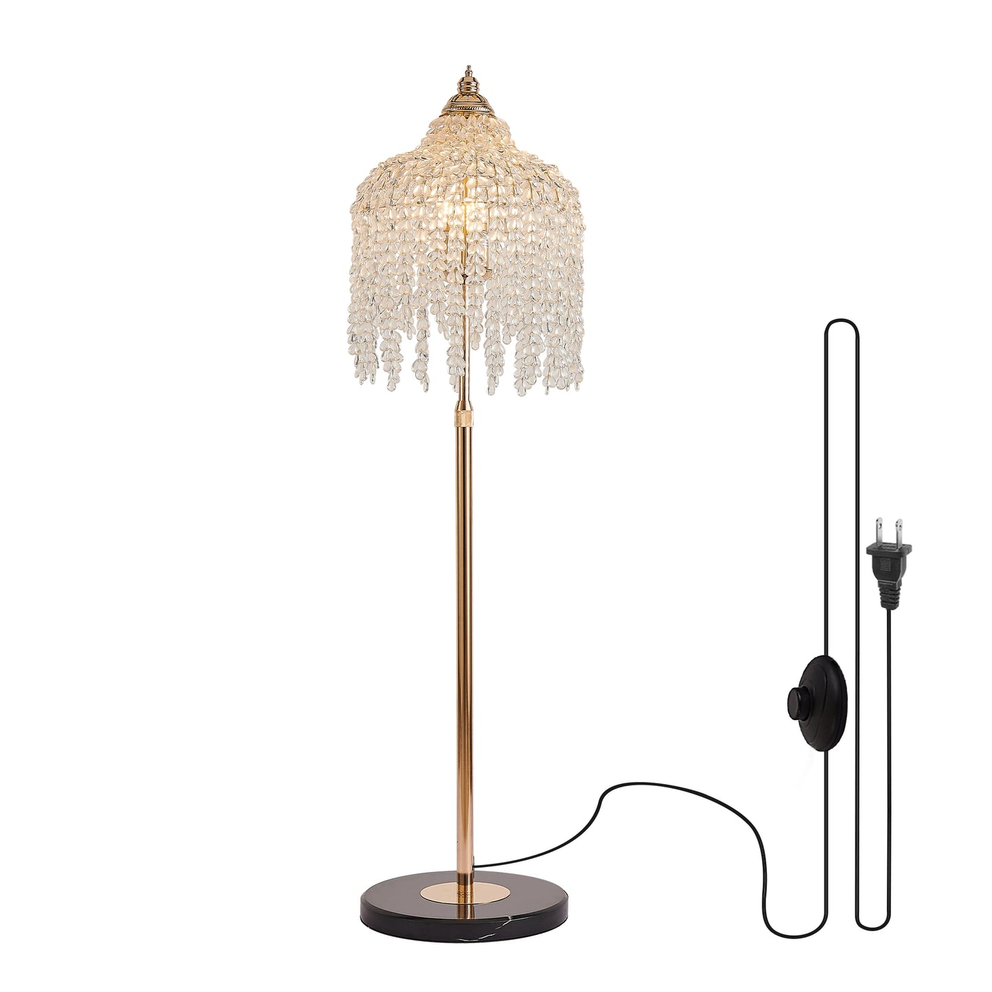 63" Gold Crystal Floor Lamp  – Modern Standing Light w/ Foot Switch (E12)