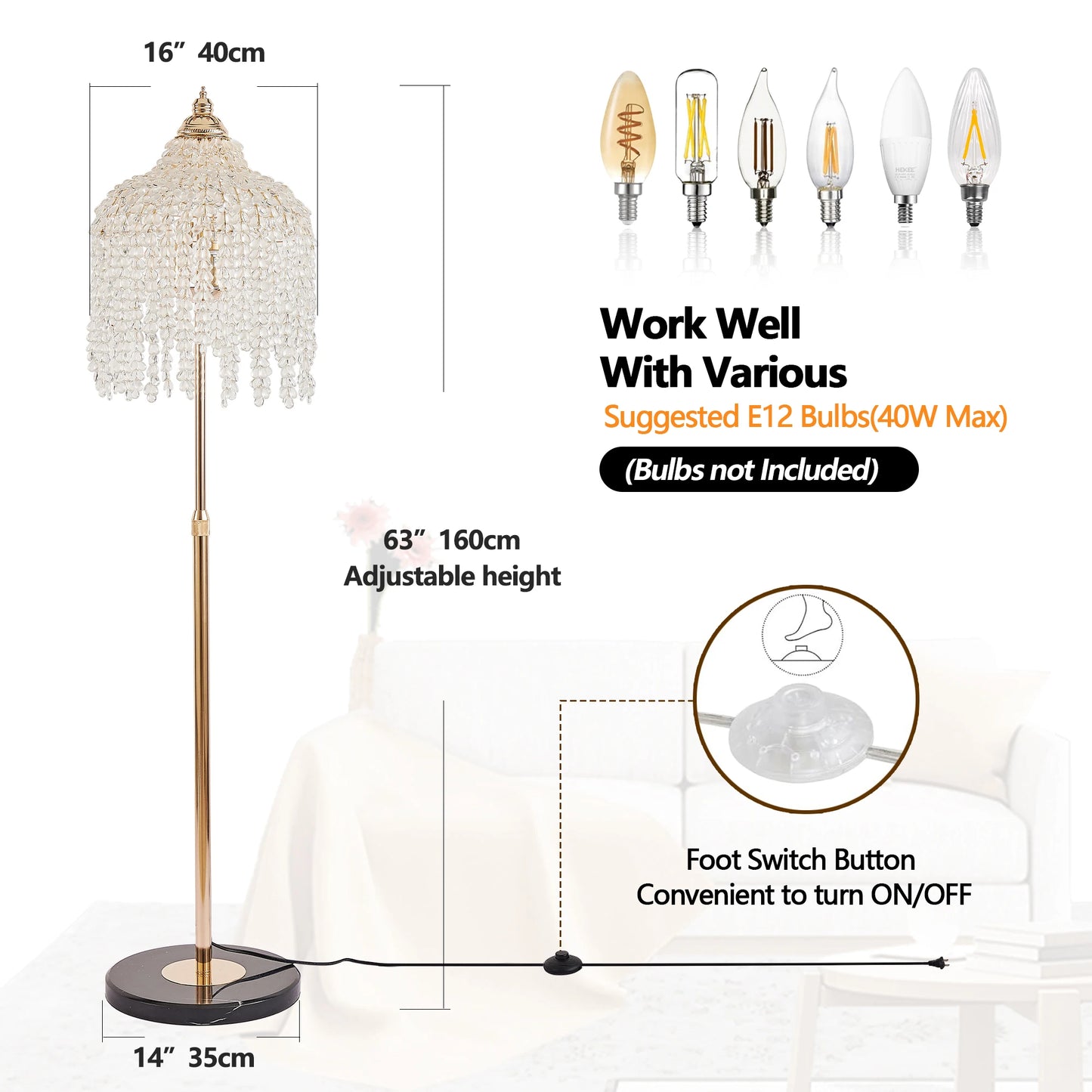 63" Gold Crystal Floor Lamp  – Modern Standing Light w/ Foot Switch (E12)