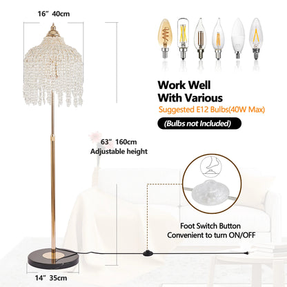 63" Gold Crystal Floor Lamp  – Modern Standing Light w/ Foot Switch (E12)