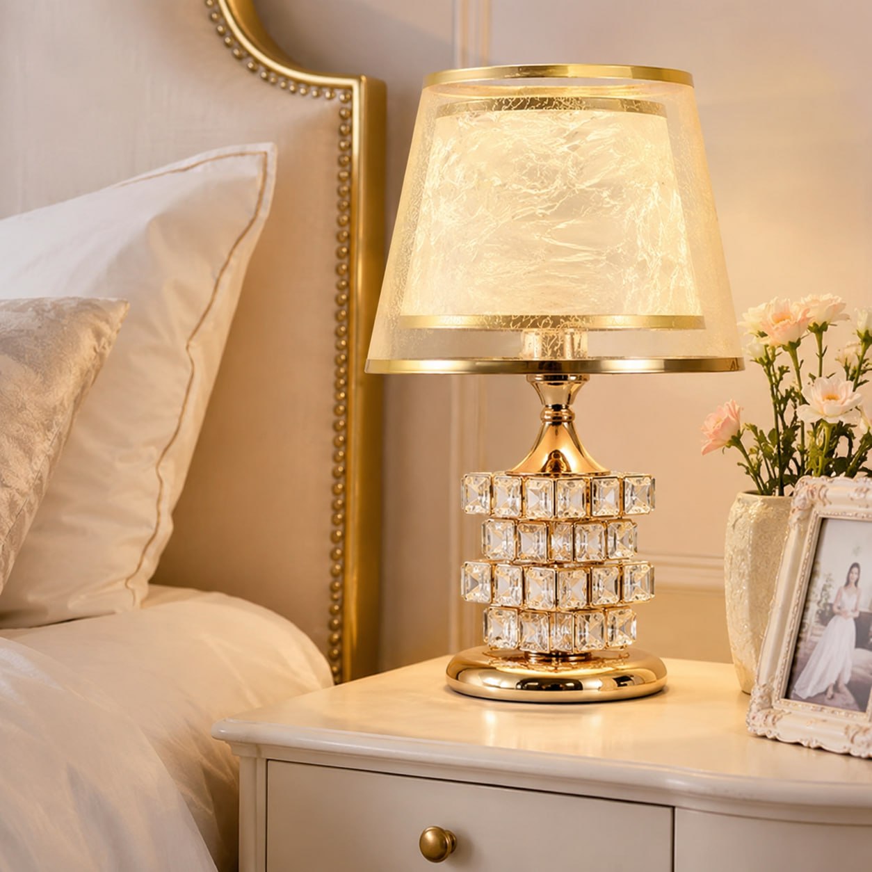 Luxury Crystal Table Lamp – Dimmable Gold Bedside Lamp with Fabric Shade