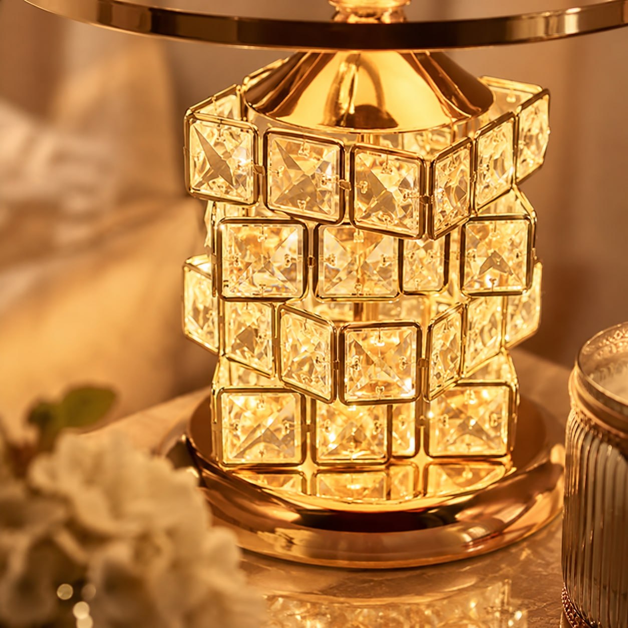 Luxury Crystal Table Lamp – Dimmable Gold Bedside Lamp with Fabric Shade