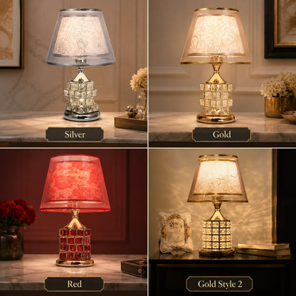 Luxury Crystal Table Lamp – Dimmable Gold Bedside Lamp with Fabric Shade