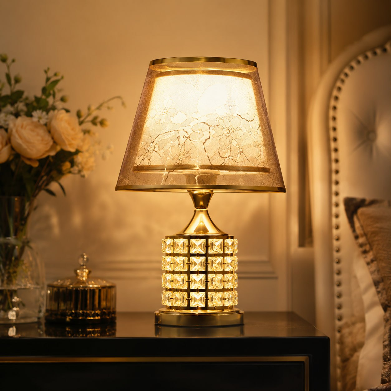 Luxury Crystal Table Lamp – Dimmable Gold Bedside Lamp with Fabric Shade