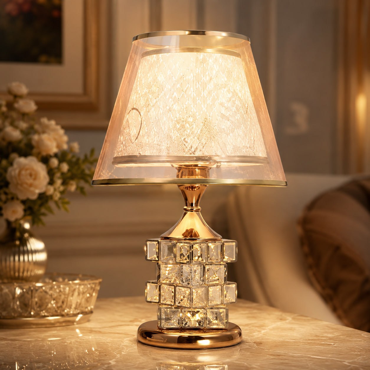 Luxury Crystal Table Lamp – Dimmable Gold Bedside Lamp with Fabric Shade
