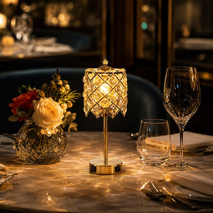 Rechargeable Gold Crystal Restaurant Table Lamp with USB-C & USB Charging Ports