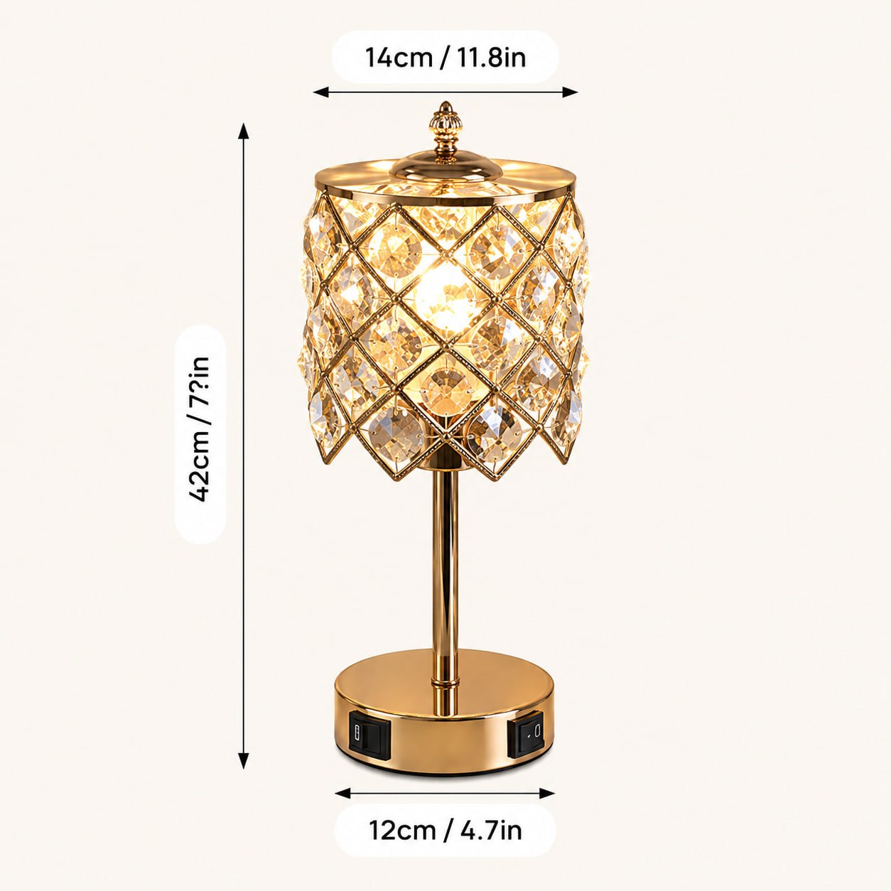Rechargeable Gold Crystal Restaurant Table Lamp with USB-C & USB Charging Ports