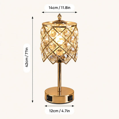 Rechargeable Gold Crystal Restaurant Table Lamp with USB-C & USB Charging Ports