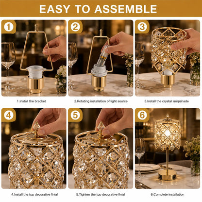 Rechargeable Gold Crystal Restaurant Table Lamp with USB-C & USB Charging Ports