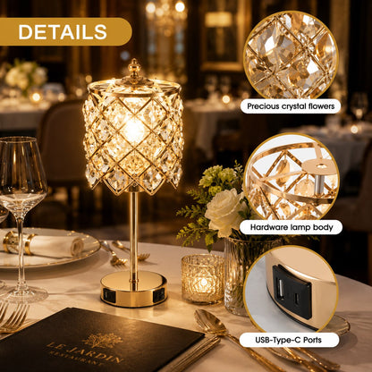 Rechargeable Gold Crystal Restaurant Table Lamp with USB-C & USB Charging Ports